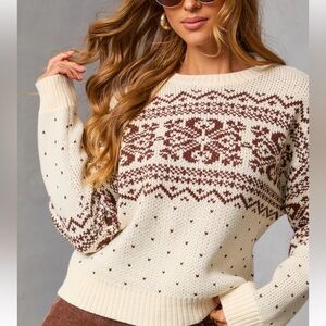 Vici Cream Fair Isle Crewneck Sweater with Brown Pattern